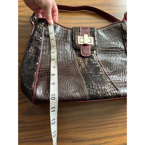 M. C. Marc Chantal burgundy brown faux crocodile zippered handbag - Picture 5 of 7